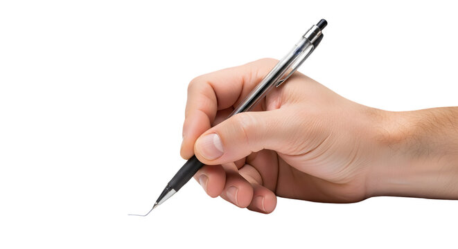 Hand holding a black and silver pen writing a thin line on a surface. - Powered by Adobe