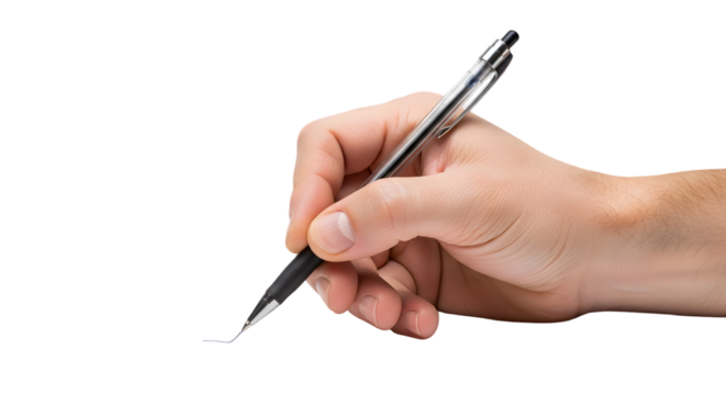 Hand holding a black and silver pen writing a thin line on a surface.