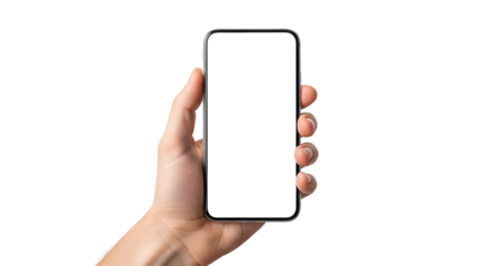 Hand holding a modern frameless smartphone with a blank white screen.