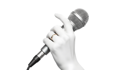 Silver Microphone Held by a Pale Hand with a Gold Ring Angled View.
