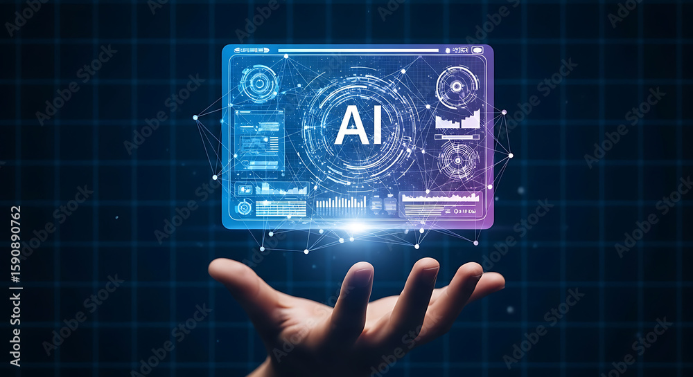 Fototapete Hand holding a futuristic screen displaying ai technology with a blue and purple color scheme - ai generated
