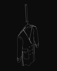 A black and white drawing of a sleek suit hanging on a hanger, featuring clean contour lines against a dark background. The minimalist design highlights the cloak-like silhouette with sharp contrast.