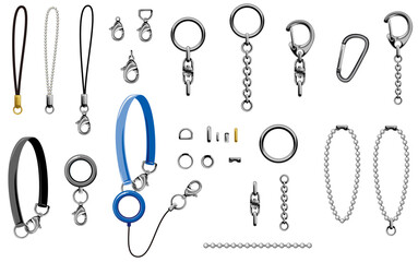 キーホルダー&ストラップパーツセット／金具、リール、松葉紐、ナスカンのベクターイラスト素材集シルバーベース(Keychain and Strap Parts Vector Set – Metal Clasps, Badge Reel, Lanyard Strap, Lobster Clasp (Silver Base)