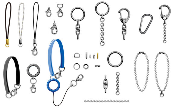 キーホルダー&ストラップパーツセット／金具、リール、松葉紐、ナスカンのベクターイラスト素材集シルバーベース(Keychain and Strap Parts Vector Set – Metal Clasps, Badge Reel, Lanyard Strap, Lobster Clasp (Silver Base)