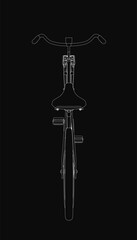 A retro bicycle drawn in black and white with clean contour lines stands out against a dark background. The minimalist design highlights the elegant frame and vintage aesthetic.