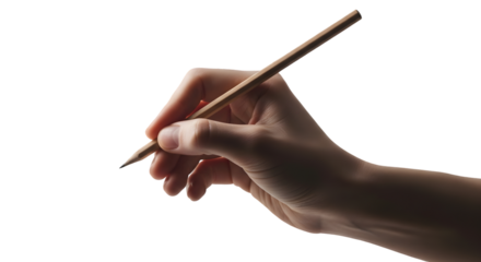 Hand holding a sharpened wooden pencil ready to write or draw isolated on transparent background.