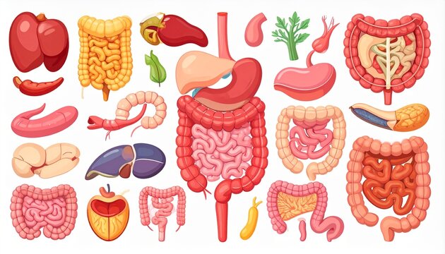Illustration depicting various human digestive system organs, including the liver, intestines, stomach, and pancreas.