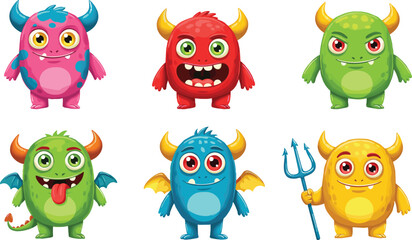 Cute cartoon monsters, colorful fantasy creatures, funny monster characters, kids illustration, isolated clipart, happy monsters, fantasy art, Halloween design
