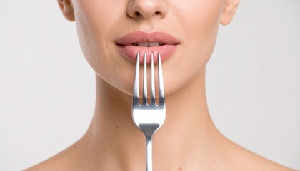 Woman Holding Fork Near Lips Demanding Attention and Curiosity
