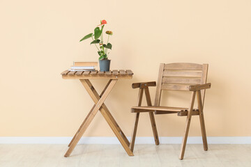 Beautiful Anthurium flower with books on table and chair near beige wall in room