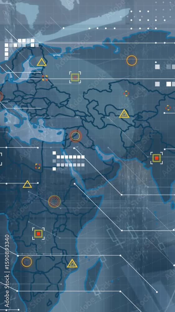 Poster animation of world map and data processing over charts on interface screen
