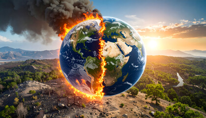 Burning Planet Earth Split By Fire and Smoke, Environmental Disaster