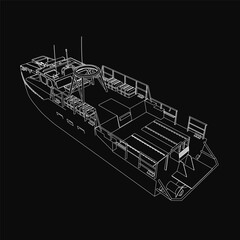 A military ship blueprint in 3D model displays detailed contours of the hull, deck, and structural features on a black background. The design highlights precision engineering with clean lines.