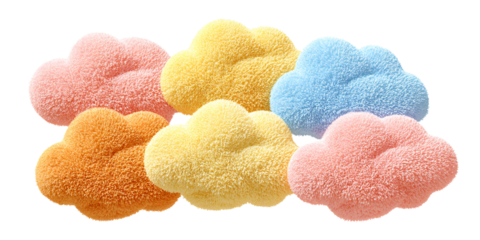 Pastel Cloud Cushions in Pink, Yellow, and Blue Fluffy cloudshaped pillows for nursery decor, baby room, or whimsical interior design Concept of comfort, softness, and dreams
