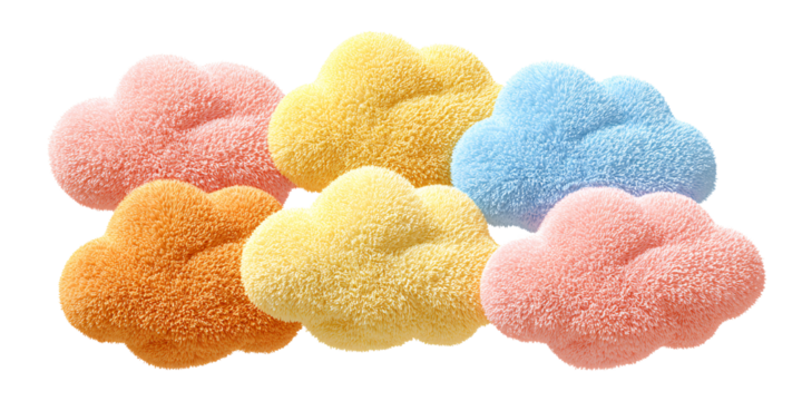 Pastel Cloud Cushions in Pink, Yellow, and Blue Fluffy cloudshaped pillows for nursery decor, baby room, or whimsical interior design Concept of comfort, softness, and dreams