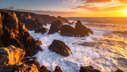 Obraz premium Dramatic Ocean Sunset with Waves Crashing on Rocky Coast