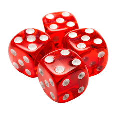 Four translucent red dice with white pips