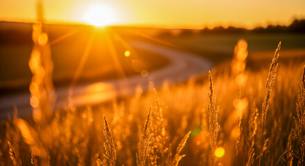 Golden hour bathes a field of wheat with sunlight, creating a serene rural landscape and showcasing the beauty of nature