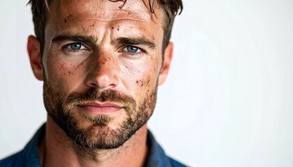 Fototapeta premium Portrait of a rugged man with dirt on his face, looking directly at the viewer.