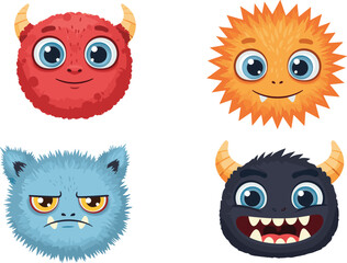 Cute cartoon monster faces, colorful fantasy heads, funny creatures illustration, round monsters, furry characters, vector clipart, kids Halloween design