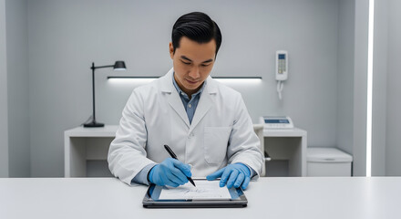 Asian Doctor Signing Medical Document.
