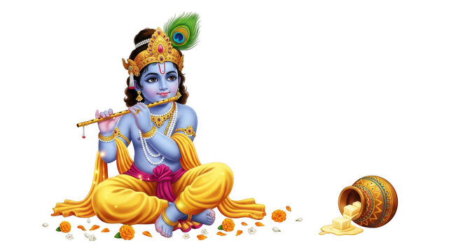 Illustration of Krishna Playing Flute With Butter Pot and Flowers