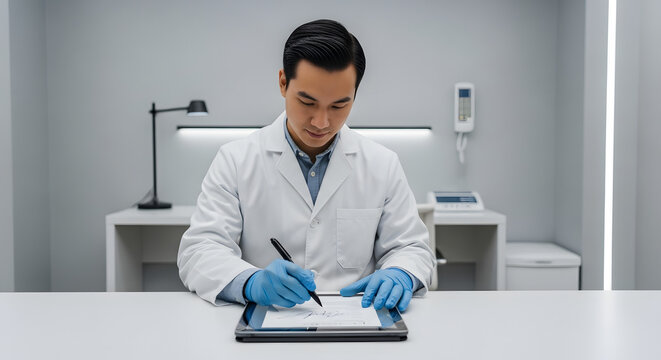 Asian Doctor Signing Medical Document.