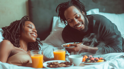 A man is holding breakfast in bed for his wife, who smiles and looks at him with joy as she sits up from the bed.