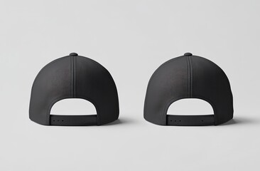 Black baseball cap mockup, front and back view isolated on a white background with a clipping path. Mock-up template for design presentation of a hat or accessories. 3D rendering, banner, or invitatio