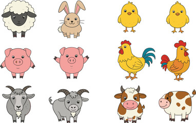 Cartoon farm animals vector, cute domestic animal illustrations, baby livestock characters for kids, goat cow pig sheep chick rabbit rooster