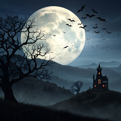 Spooky castle silhouetted against a giant moon with bats flying