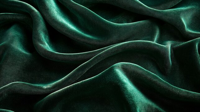 Close-up of flowing emerald green velvet fabric with rich texture and shimmering highlights, capturing luxurious textile folds and soft lighting for fashion, decor and fabric background themes