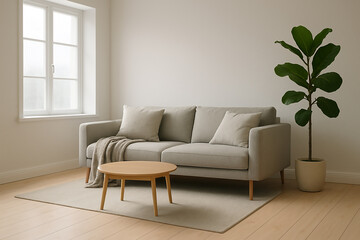 A bright and airy living room embodying Scandinavian hygge and lagom, the principles of coziness and balance. 