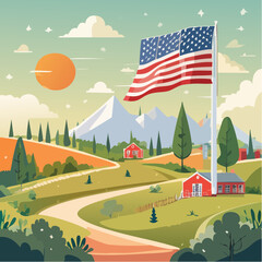 Fototapeta premium Scenic Park with American Flag – Symbol of Freedom, Patriotism & National Pride for Your Campaigns
