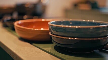 Ceramic bowls on wooden surface