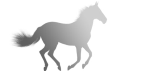 A grayscale silhouette of a horse running dynamically. Its mane and tail flow, suggesting speed and elegance. The image is set against a black background.