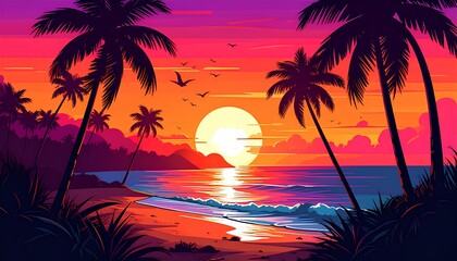 cartoon illustration of tropical beach with palm trees at sunset