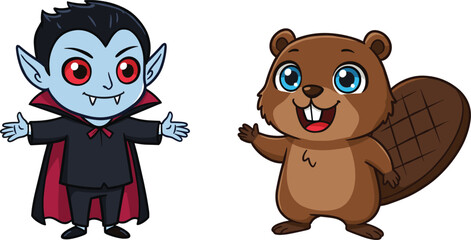 Cartoon vampire and beaver, cute character design, Halloween clipart, woodland animal illustration, kids vector, funny costume, smiling cartoon figures