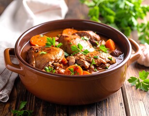 Coq au Vin stew in a rustic pot with herbs.