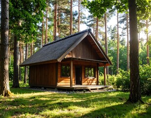 Wooden cabin nestled in a forest