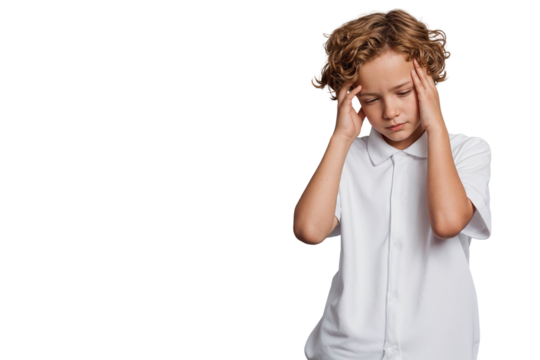 Young boy with a headache, hands on his temples, expressing discomfort isolated on transparent background
