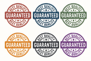 Guaranteed Quality Seals: A set of six colorful seals showcasing 'Guaranteed Best Quality' messaging. Perfect for adding a touch of authenticity and trust to your design projects.