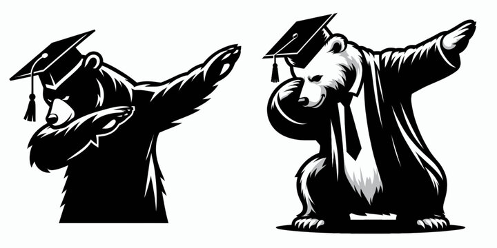 Bear wear graduation cap and pose dabbing. Diploma Graduate Commencement Ceremony Cartoon Clipart Line Art Vector Illustration. Furry friend in mortarboard doing dab dance academic.