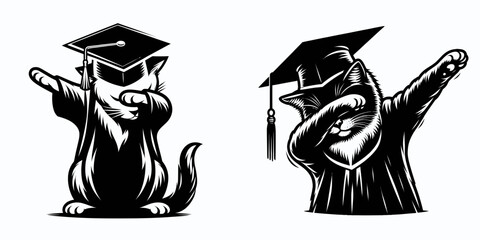 Domestic Shorthair Cat wear graduation cap and pose dabbing. Diploma Graduate Commencement Ceremony Cartoon Clipart Line Art Vector Illustration. Feline in mortarboard doing dab housecat.