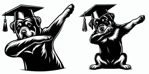Fototapeta premium Rottweiler Dog wear graduation cap and pose dabbing. Diploma Graduate Commencement Ceremony Cartoon Clipart Line Art Vector Illustration. Canine in gown headwear makes dancing gesture.