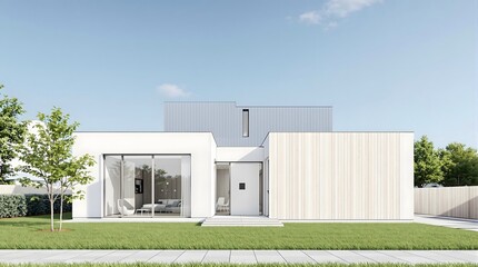 Modern, minimalist house exterior with a bright, sunny atmosphere and clear blue sky.