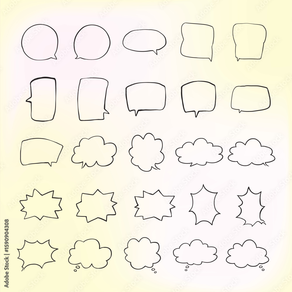 Poster set of simple lines hand drawn speech bubbles in various shapes gradient background. set of simple o