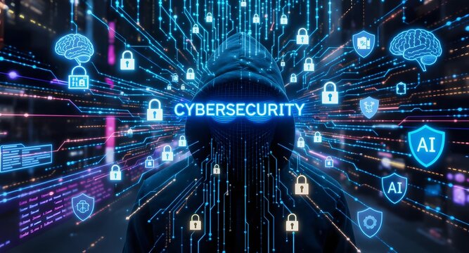 Futuristic Cybersecurity Art: Hooded Hacker, Data Streams & AI Shields.