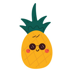 cute hand drawing pineapple wearing sunglasses. cute fruit character for sticker and icon