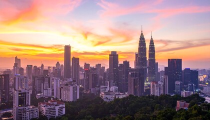 Fototapeta premium Panoramic city skyline at sunset